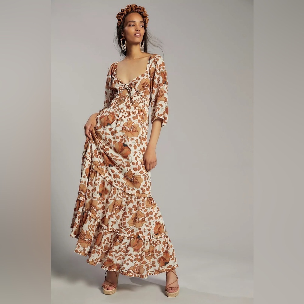 Anthropologie Tiered Floral Maxi Dress size xs brown and cream print